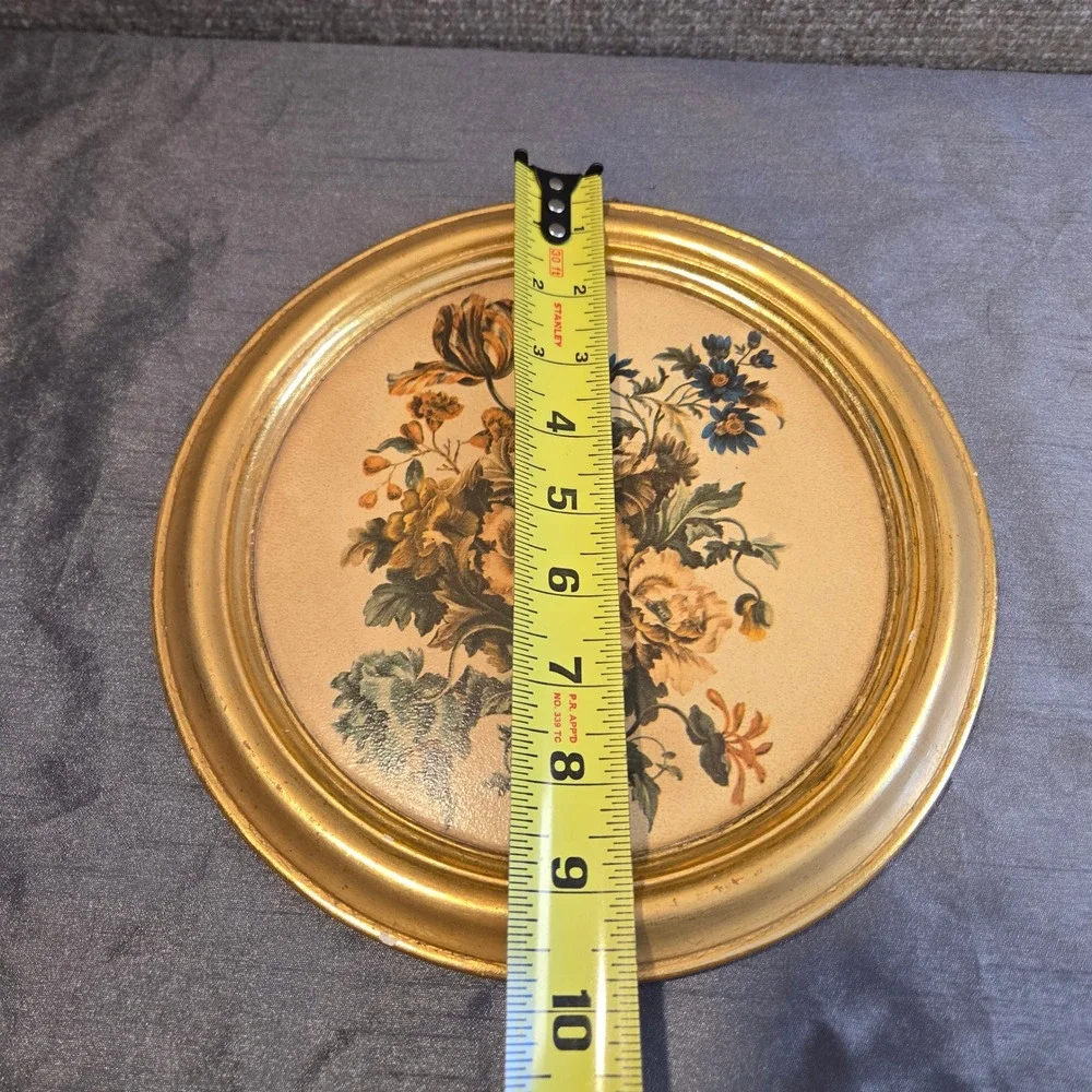 Vintage Borghese Floral Bouquet Round Gold Gilt Framed Wall Art Plaque 9.5‎ inch